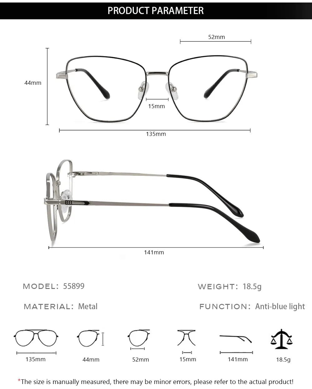 CCspace Unisex Full Rim Square Cat Eye Alloy Eyeglasses 55899