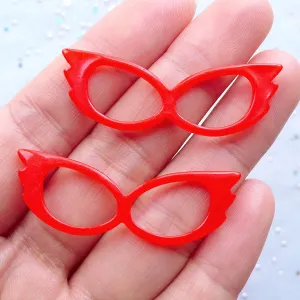 Eyewear Cabochon | Retro Cat Eye Glasses Cabochons | Pointy Glasses Cabochon | Eyeglass Cabochon | Vintage Glasses Cabochons | Sunglasses Cabochon | Kitsch Jewellery Making | Kawaii Cabochon | Decoden Phone Case (2pcs / Red / 43mm x 15mm / Flat Back)