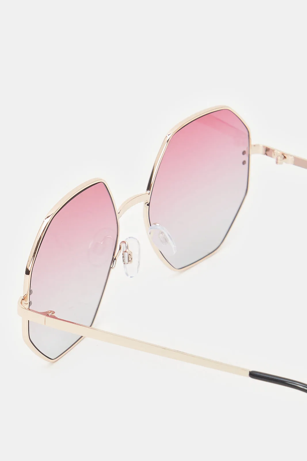 Women Gold And Pink Hexagonal Sunglasses