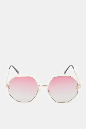 Women Gold And Pink Hexagonal Sunglasses